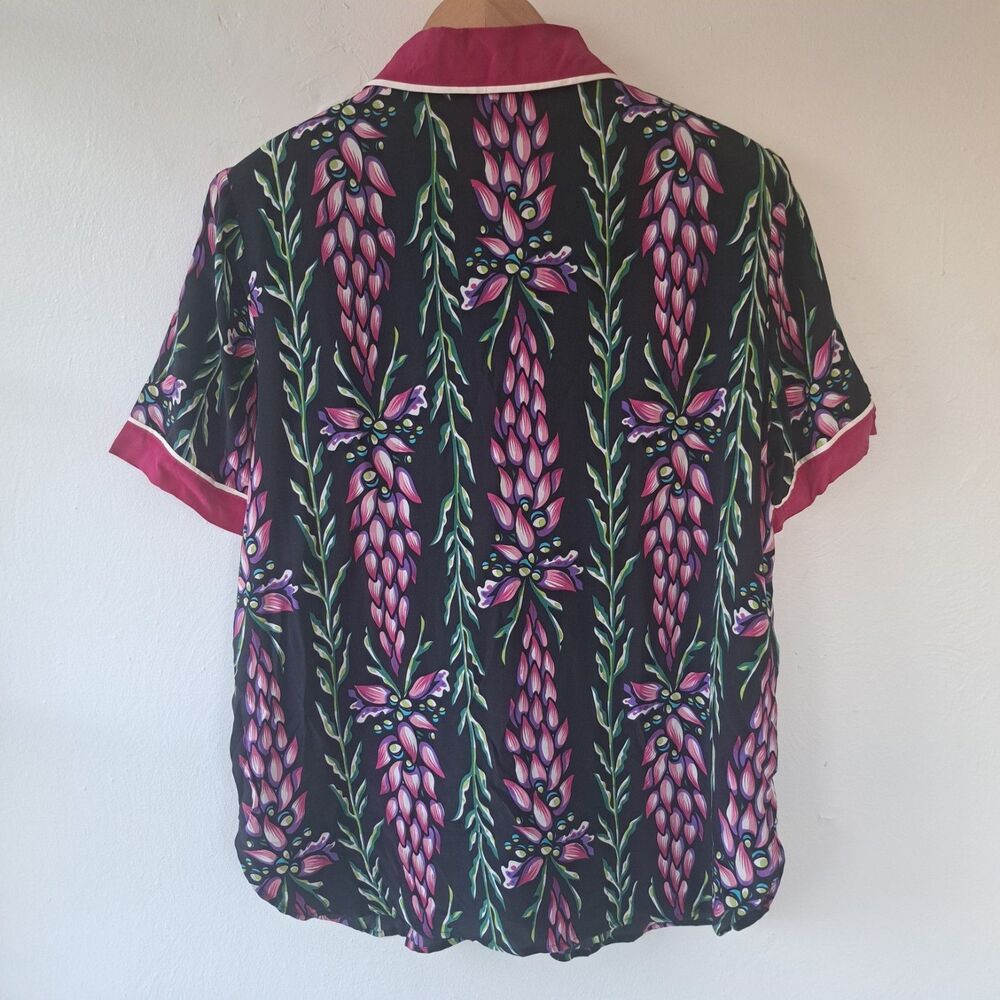 Vintage 100% Silk Womens Bob Mackie XL Pink Black Floral Short Sleeve Blouse Top - Picture 3 of 7
